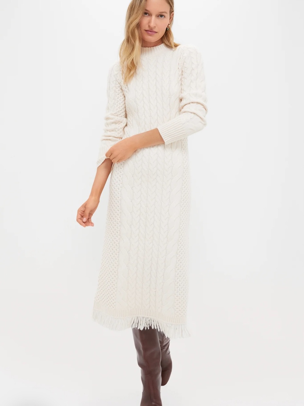 Tuckernuck Cable-Knit Fringe Sweater Dress - Cream